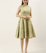 EthnoVogue Made To Measure Green Brocade Boat Neck Flared Dress