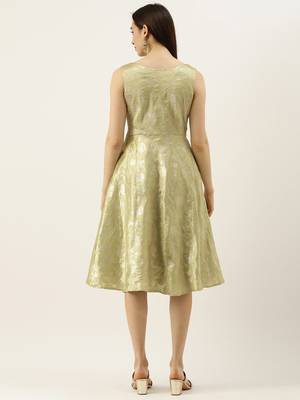EthnoVogue Made To Measure Green Brocade Boat Neck Flared Dress 2