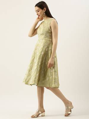 EthnoVogue Made To Measure Green Brocade Boat Neck Flared Dress 3