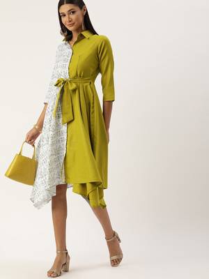 EthnoVogue Made To Measure Olive Green N White  Asymmetrical Shirt Dress 1