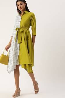 EthnoVogue Made To Measure Olive Green N White  Asymmetrical Shirt Dress