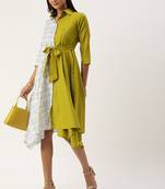 EthnoVogue Made To Measure Olive Green N White  Asymmetrical Shirt Dress
