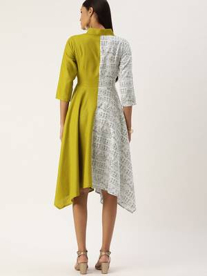 EthnoVogue Made To Measure Olive Green N White  Asymmetrical Shirt Dress 2