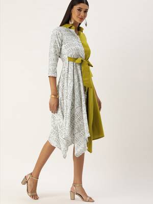 EthnoVogue Made To Measure Olive Green N White  Asymmetrical Shirt Dress 3