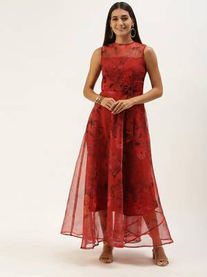 EthnoVogue Made To Measure Red Organza Digital Printed Dress 1