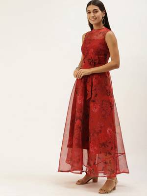 EthnoVogue Made To Measure Red Organza Digital Printed Dress 3