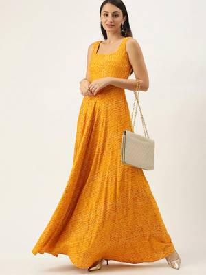 EthnoVogue Made To Measure Yellow Printed Strap Neck Dress 1