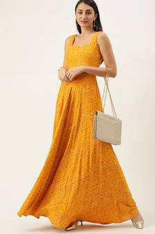 EthnoVogue Made To Measure Yellow Printed Strap Neck Dress
