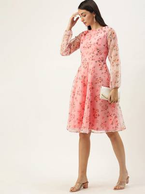 EthnoVogue Made To Measure Pink Digital Printed Organza Knee Length Dress 1