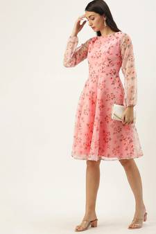 EthnoVogue Made To Measure Pink Digital Printed Organza Knee Length Dress