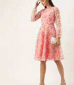 EthnoVogue Made To Measure Pink Digital Printed Organza Knee Length Dress