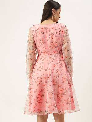 EthnoVogue Made To Measure Pink Digital Printed Organza Knee Length Dress 2