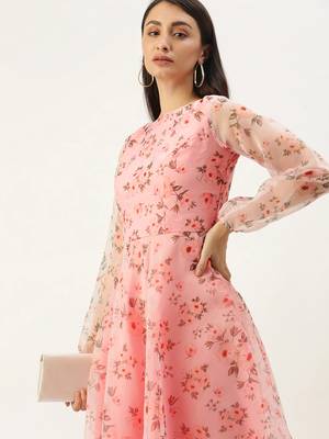 EthnoVogue Made To Measure Pink Digital Printed Organza Knee Length Dress 3