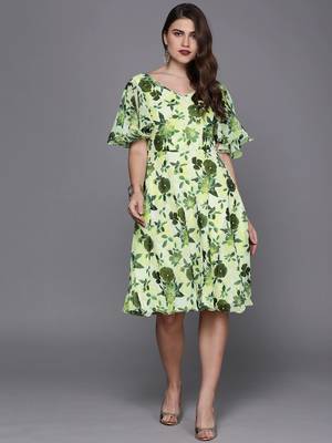 EthnoVogue Made To Measure Yellow N Green Digital Printed Georgette Dress 1