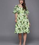 EthnoVogue Made To Measure Yellow N Green Digital Printed Georgette Dress