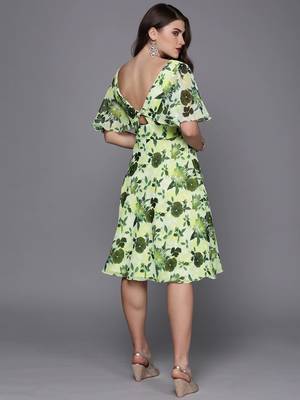 EthnoVogue Made To Measure Yellow N Green Digital Printed Georgette Dress 2