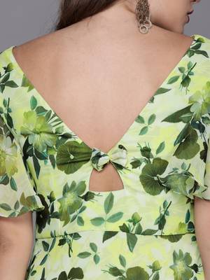 EthnoVogue Made To Measure Yellow N Green Digital Printed Georgette Dress 4