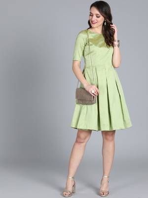 EthnoVogue Made To Measure Green Box Pleated Knee Length Dress 1