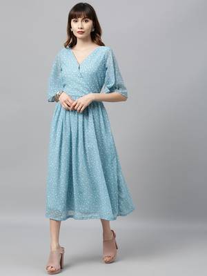 EthnoVogue Made To Measure Blue Digital Printed Flared Sleeves Dress 1