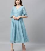 EthnoVogue Made To Measure Blue Digital Printed Flared Sleeves Dress