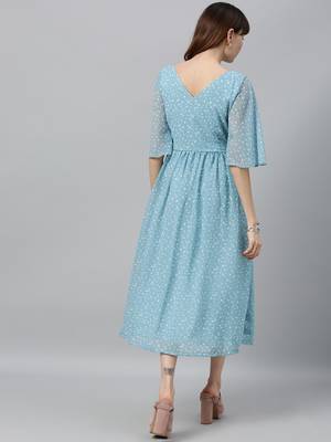 EthnoVogue Made To Measure Blue Digital Printed Flared Sleeves Dress 2