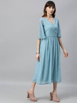 EthnoVogue Made To Measure Blue Digital Printed Flared Sleeves Dress 3