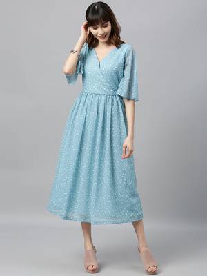 EthnoVogue Made To Measure Blue Digital Printed Flared Sleeves Dress 4