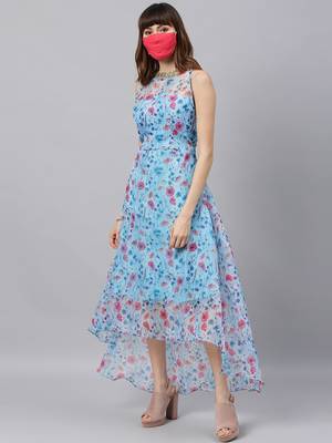 EthnoVogue Made To Measure Sky Blue Organza Asymmetrical Dress 3