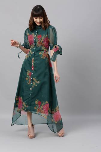 EthnoVogue Made To Measure Green Digital Printed Organza High N Low Dress