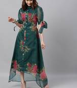 EthnoVogue Made To Measure Green Digital Printed Organza High N Low Dress