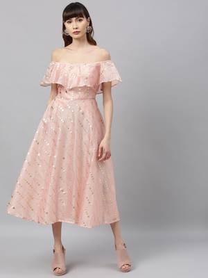 EthnoVogue Made To Measure Pink Printed Calf Length Shoulderless Dress 1
