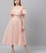 EthnoVogue Made To Measure Pink Printed Calf Length Shoulderless Dress