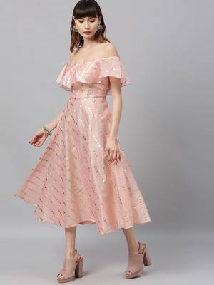 EthnoVogue Made To Measure Pink Printed Calf Length Shoulderless Dress 3