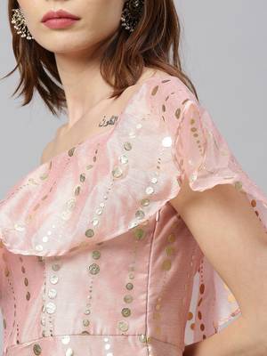 EthnoVogue Made To Measure Pink Printed Calf Length Shoulderless Dress 4