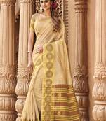 Cream Woven Cotton Saree With Blouse