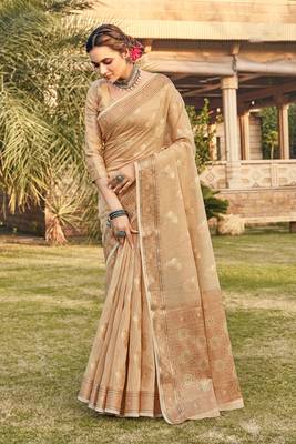 Cream woven cotton saree with blouse 1