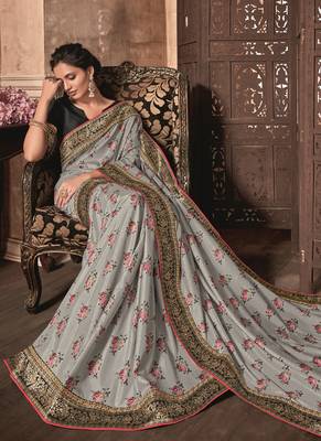 Grey Embroidered Pure Silk Saree With Blouse 5
