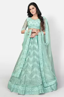 Enchanting Sea green Heavy Embroidered with Zarkan net semi stitched lehenga