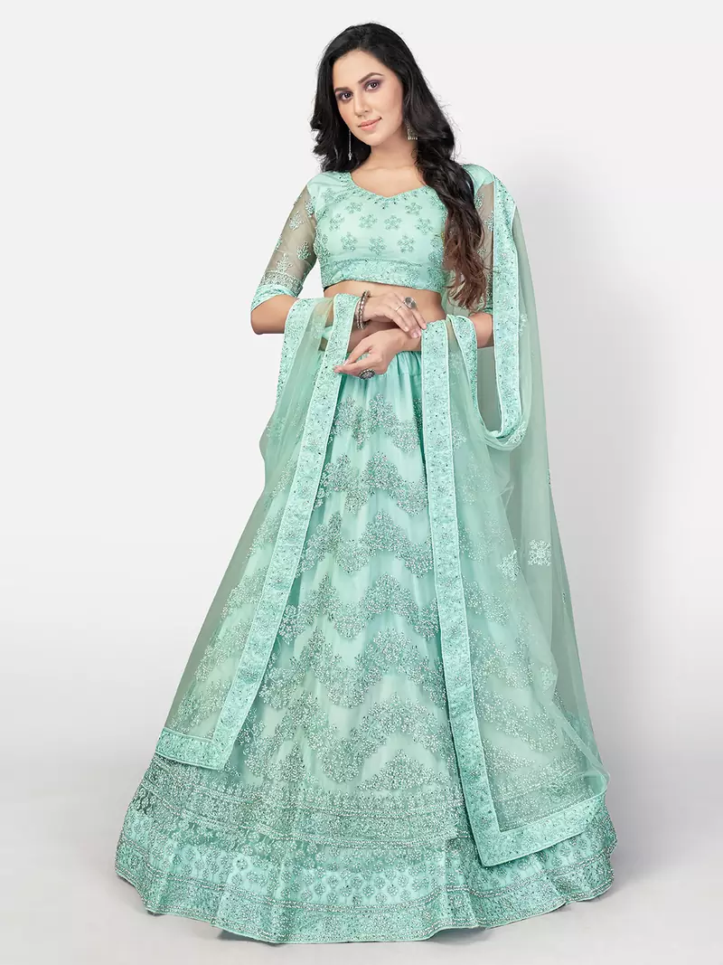 Enchanting Sea green Heavy Embroidered with Zarkan net semi stitched lehenga