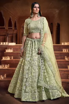 Mesmerizing Pista green Zari, Sequins and thread Embroidered net semi stitched lehenga