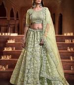 Mesmerizing Pista green Zari, Sequins and thread Embroidered net Semi Stitched Lehenga