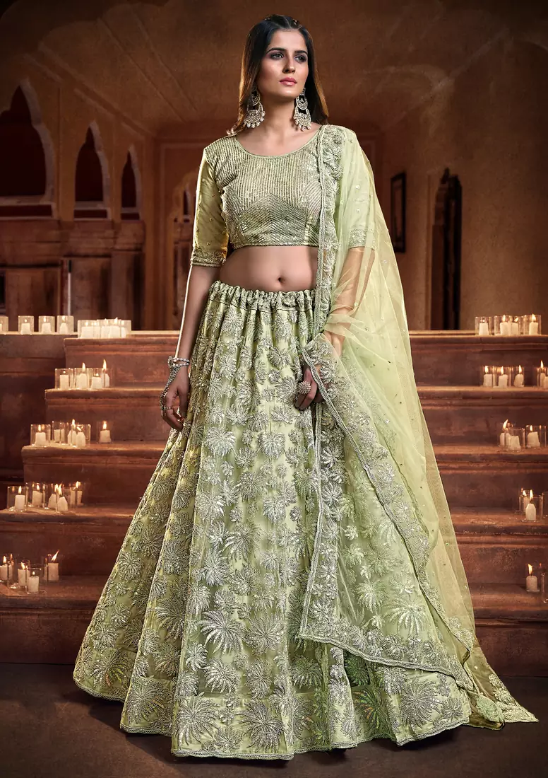 Mesmerizing Pista green Zari, Sequins and thread Embroidered net semi stitched lehenga