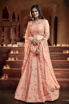 Bewitching Peach Orange Zari, Sequins and thread Embroidered georgette semi stitched lehenga