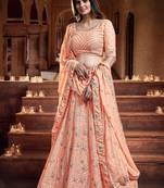 Bewitching Peach Orange Zari, Sequins and thread Embroidered georgette Semi Stitched Lehenga