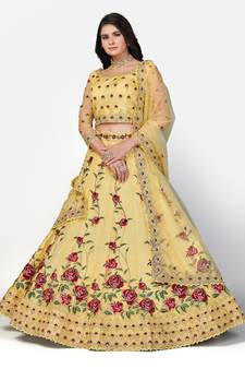glamourous Yellow Zari, Sequins and thread Embroidered net semi stitched lehenga