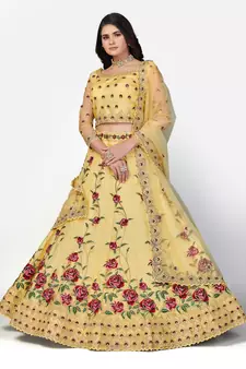 glamourous Yellow Zari, Sequins and thread Embroidered net semi stitched lehenga