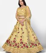 glamourous Yellow Zari, Sequins and thread Embroidered net Semi Stitched Lehenga
