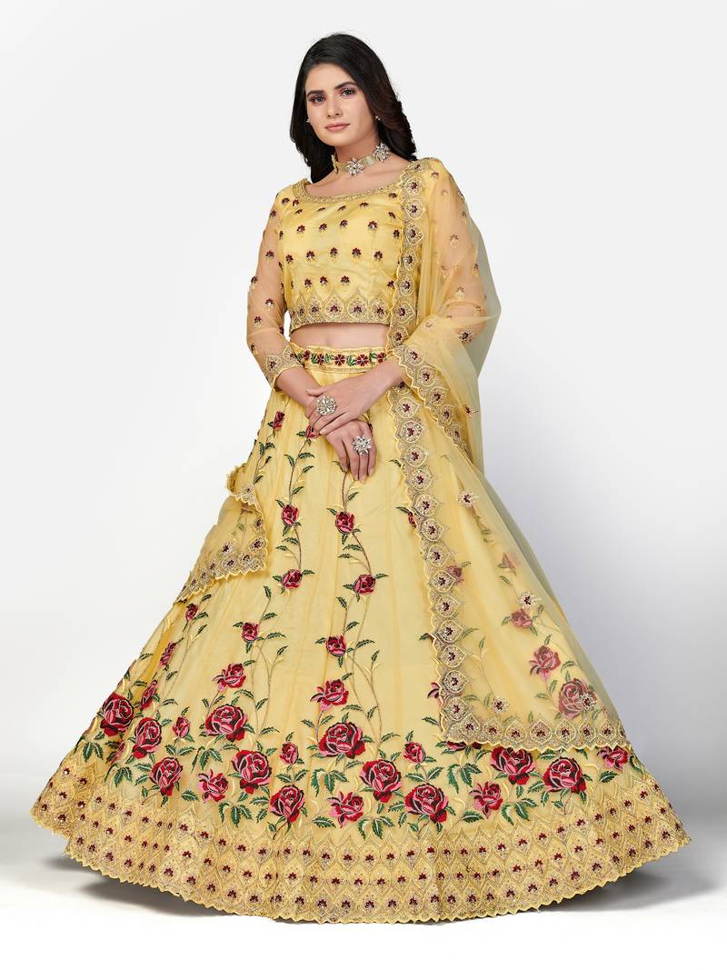 glamourous Yellow Zari, Sequins and thread Embroidered net Semi Stitched Lehenga