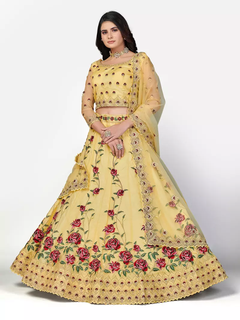 glamourous Yellow Zari, Sequins and thread Embroidered net semi stitched lehenga