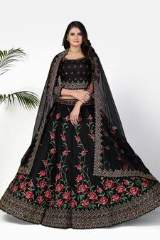 Glamorous Black Zari, Sequins and thread Embroidered net semi stitched lehenga